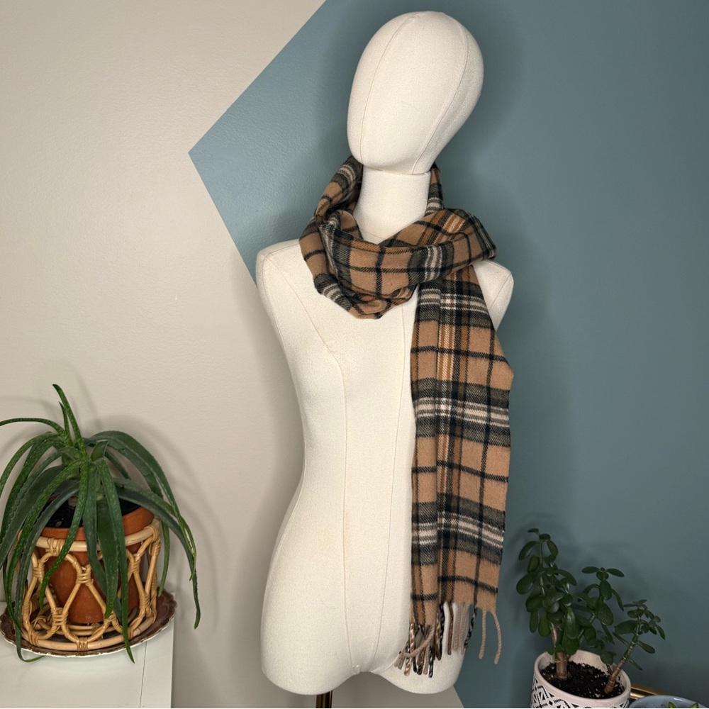 Vintage Camel Plaid Wool Scarf Classic Tartan Fringe Neutral Winter - Picture 3 of 8